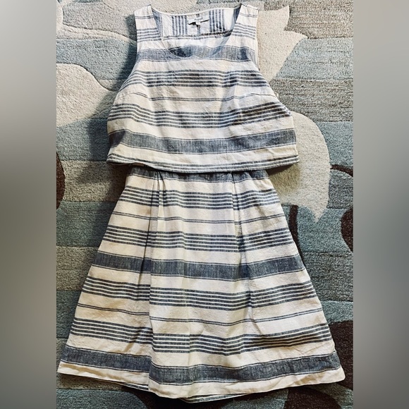 Madewell Sleeveless Linen Blend Back Overlay Mini Dress in Navy Chambray Stripe - Picture 3 of 10